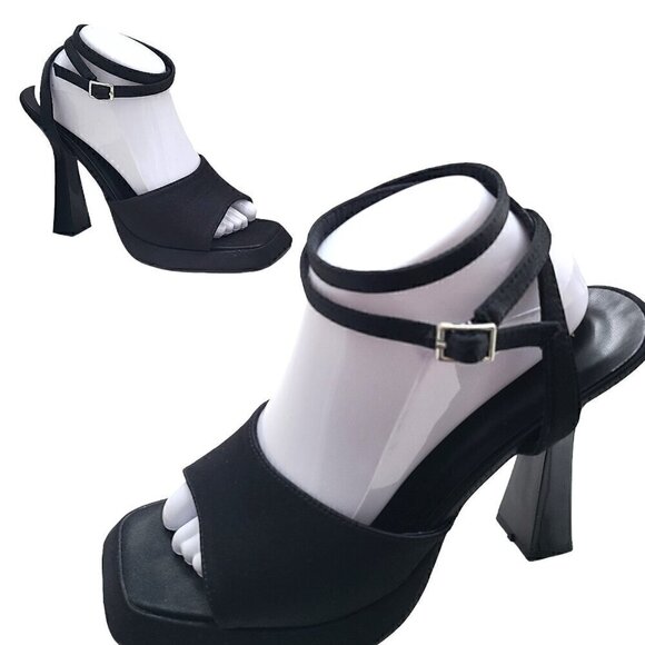 Azalea Wang Black Satin Square Peep Toe Strappy Ankle High Platform Heels - Picture 7 of 12
